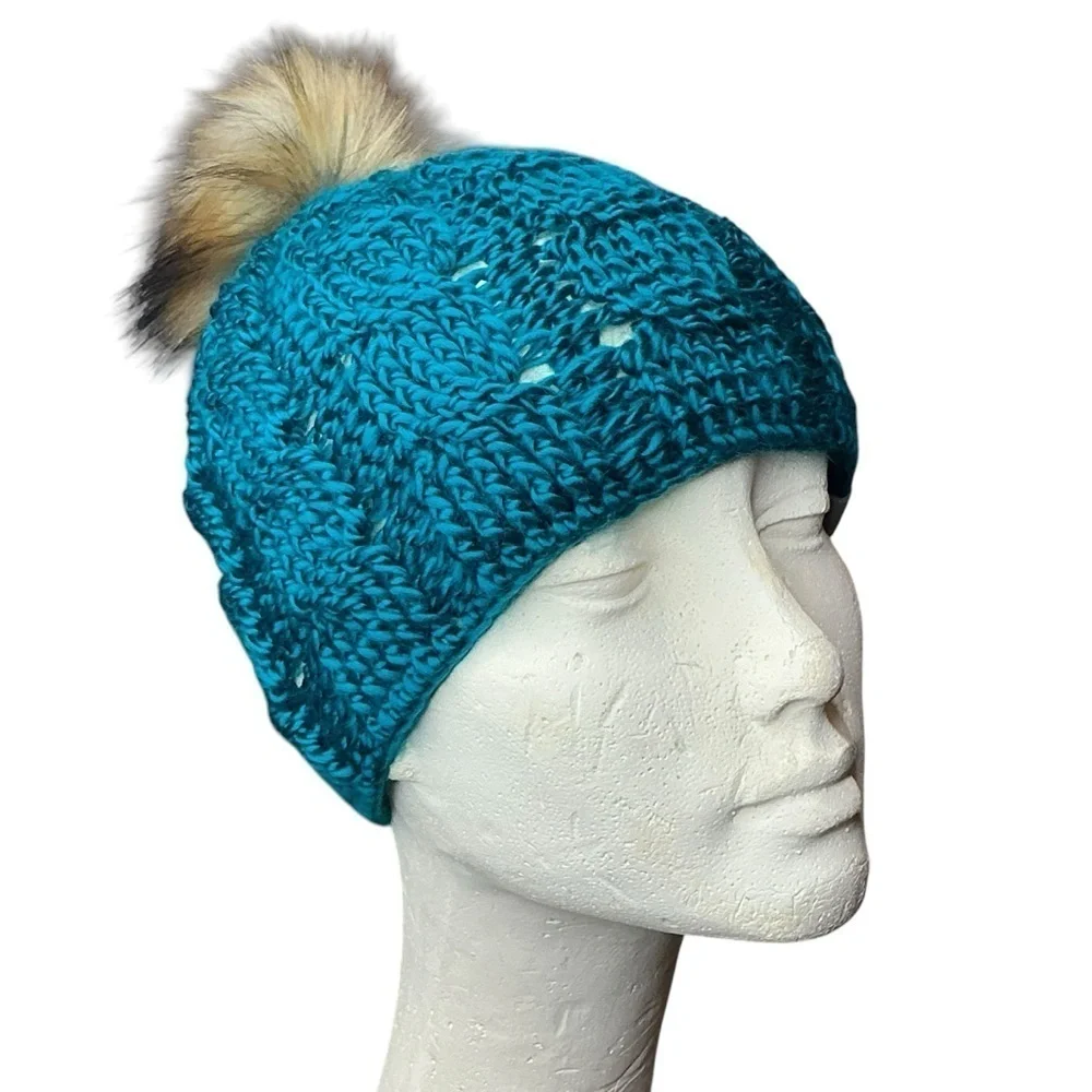 Cable Knit Crochet Beanie Hat Handcrafted With Faux Fur Pom Handmade Teal